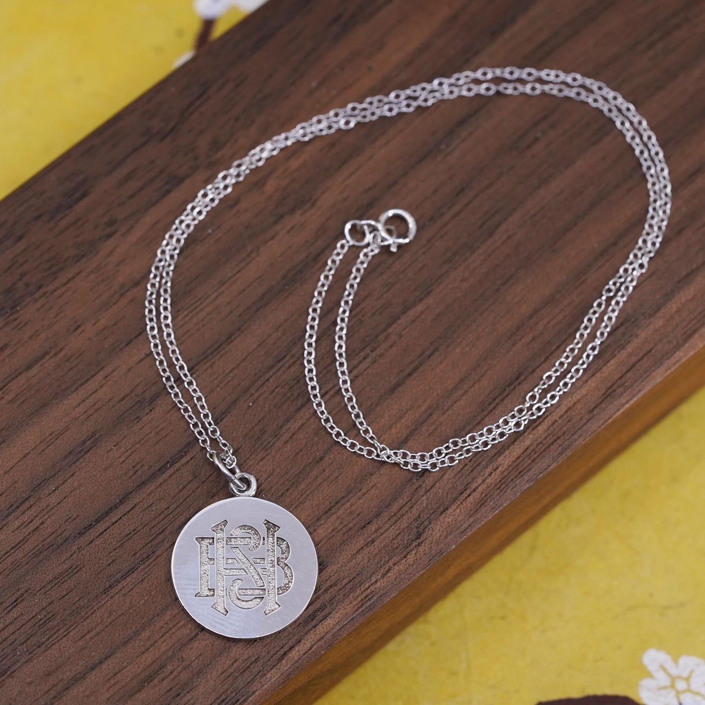 16”, Sterling silver necklace, 925 circle chain with monogram ”BHS” pendant