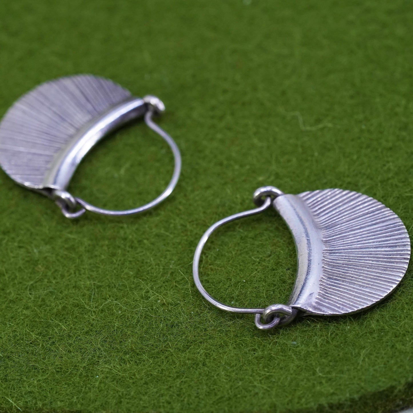 1" Vintage sterling silver handmade loop earrings, fan shaped primitive hoops