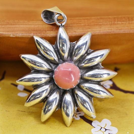 Vintage Mexican Sterling 925 silver handmade sun sunflower pendant red jasper