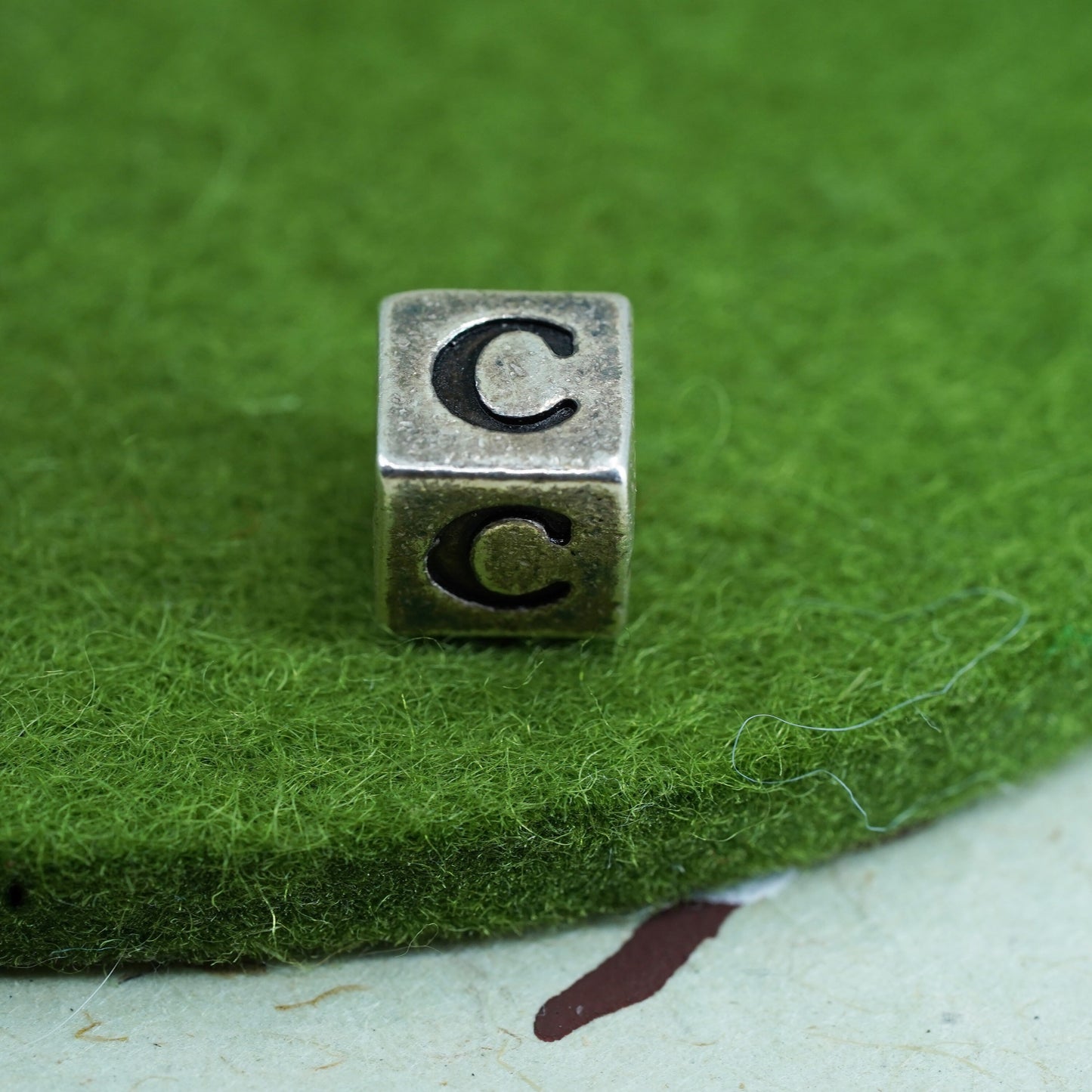 Vintage sterling silver handmade pendant, 925 cube charm engraved letter “C”