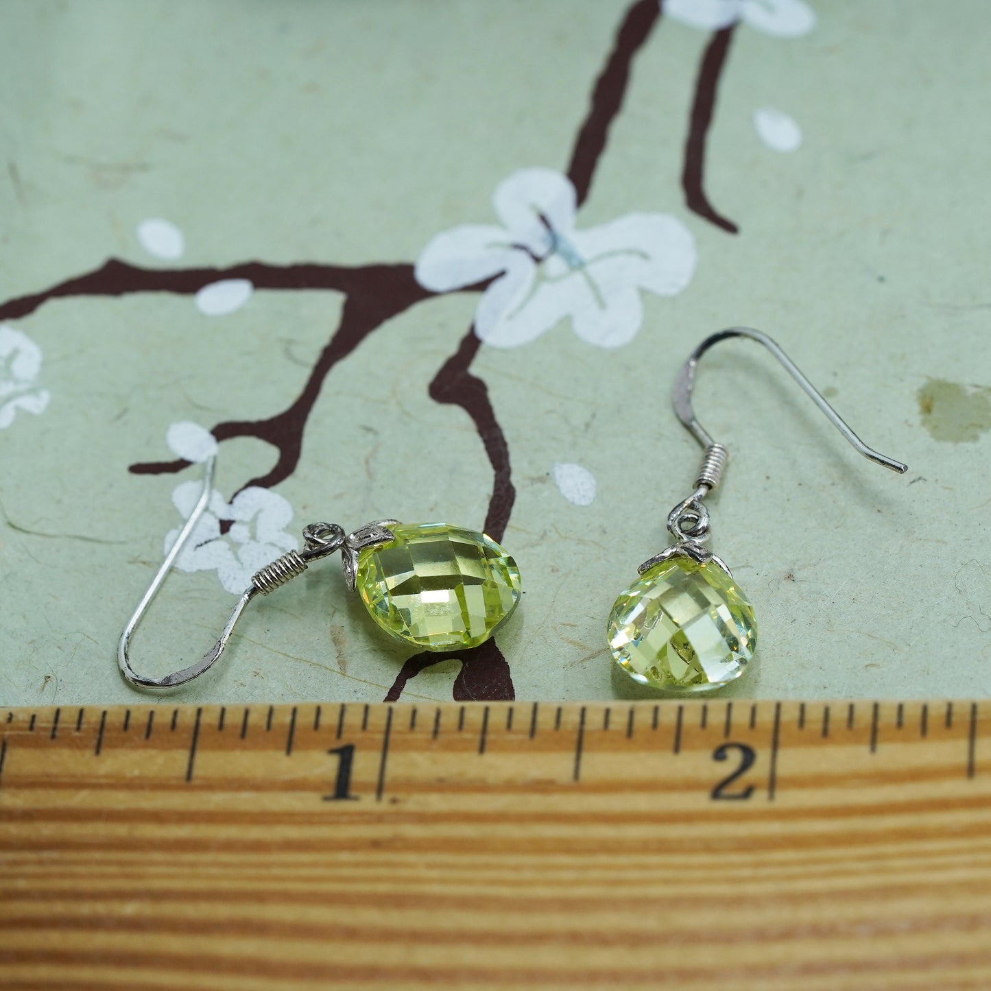 Vintage sterling silver 925 handmade earrings with teardrop crystal green drops