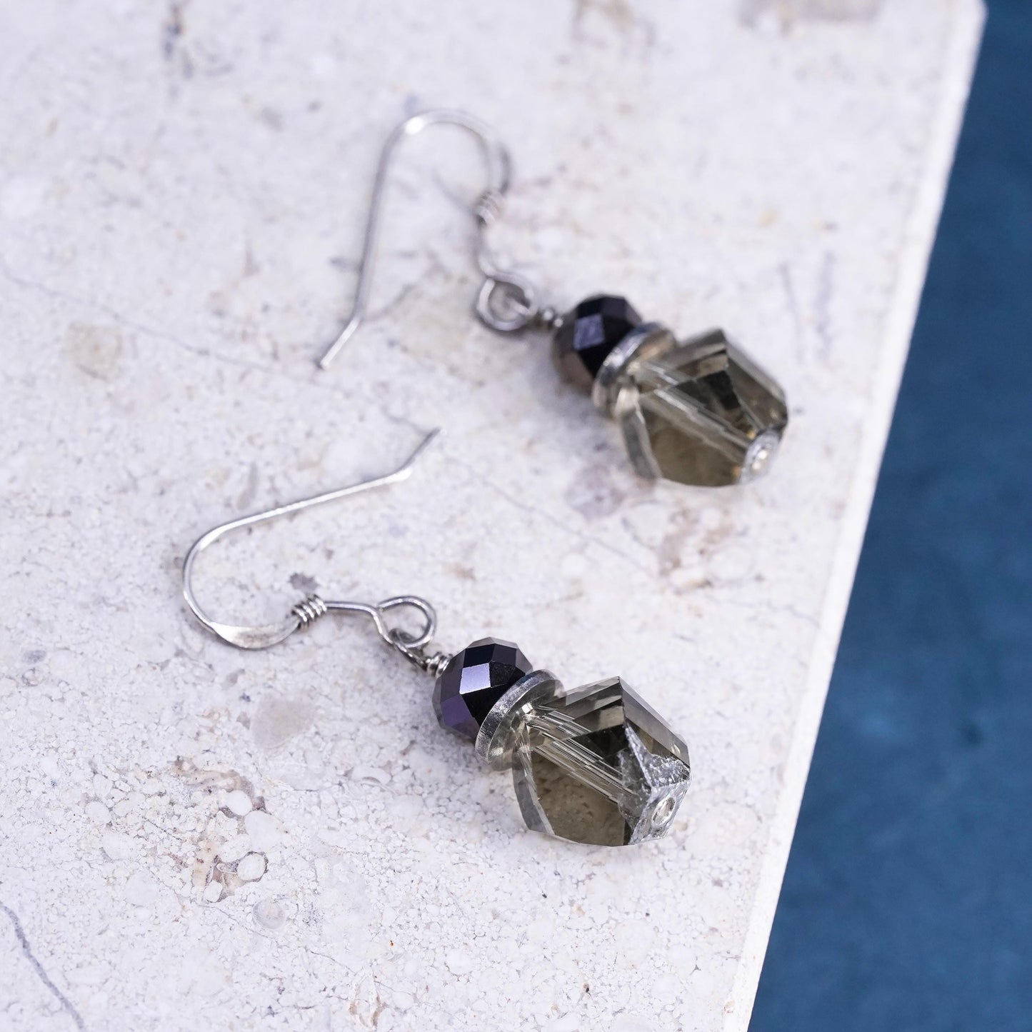 Vintage sterling silver handmade earrings, 925 hooks with smoky quartz beads