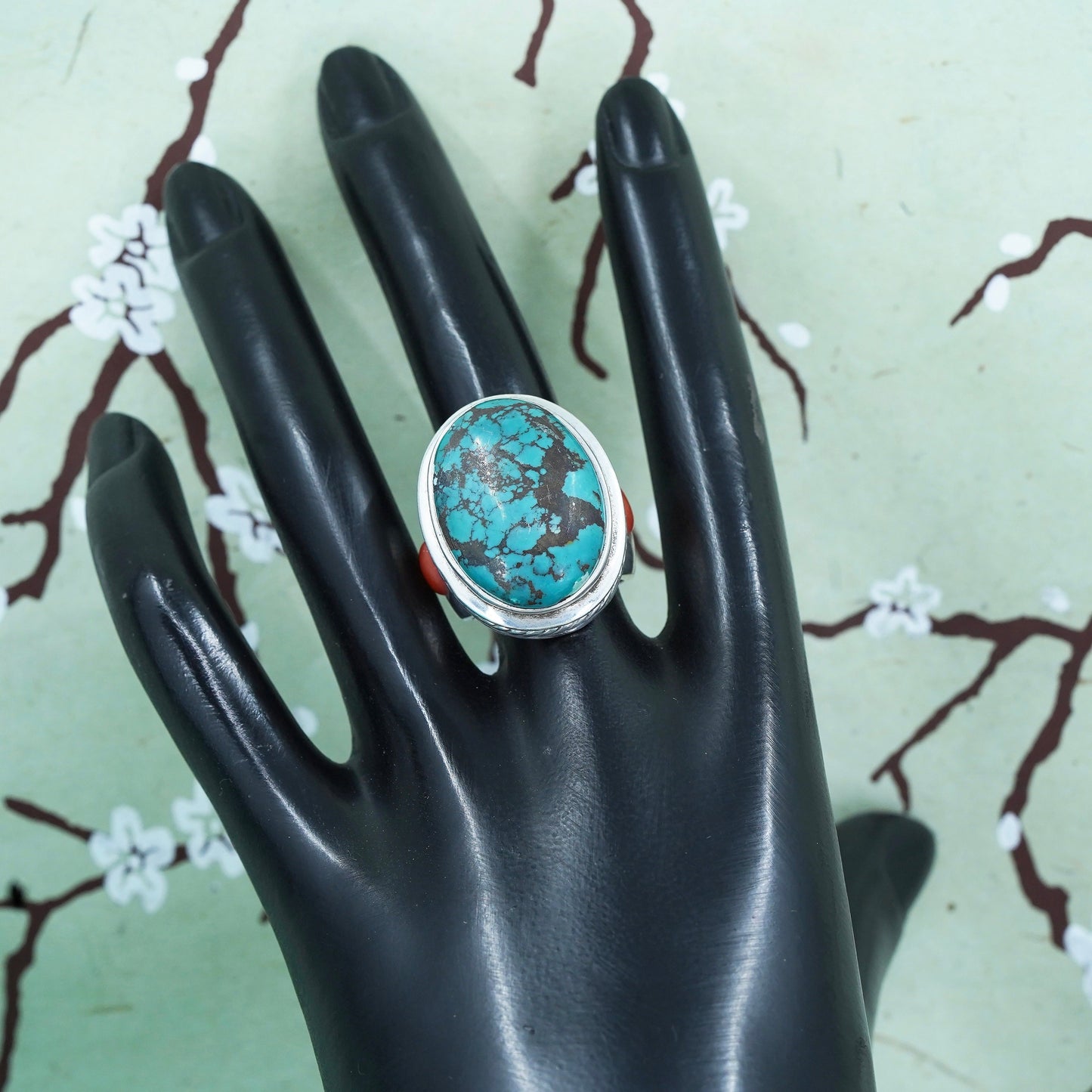 Size 6.5 Navajo sterling silver Native American 925 ring spiderwebbed turquoise