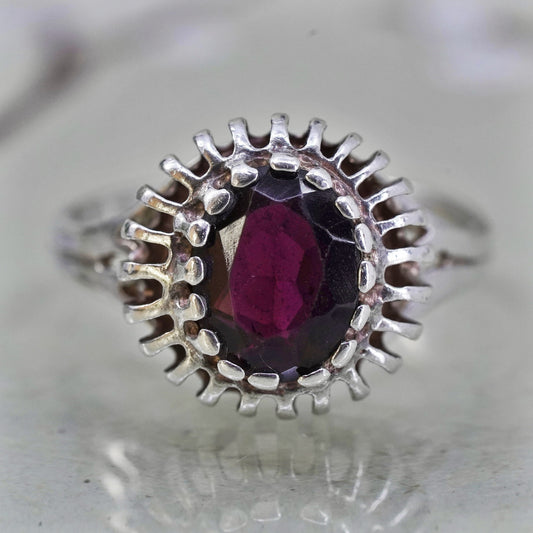 Size 7, Vintage sterling 925 silver handmade ring with oval garnet