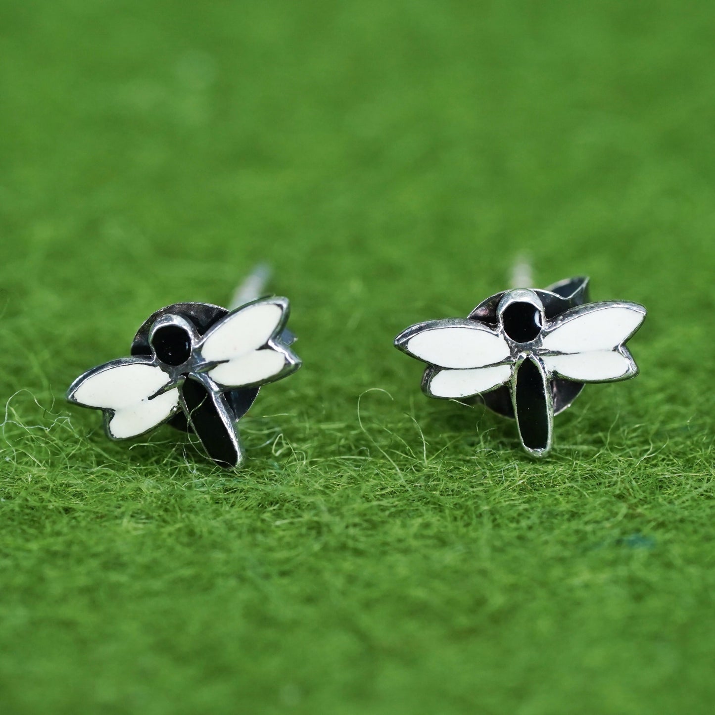 Vintage Sterling silver handmade earrings, 925 enamel dragonfly studs