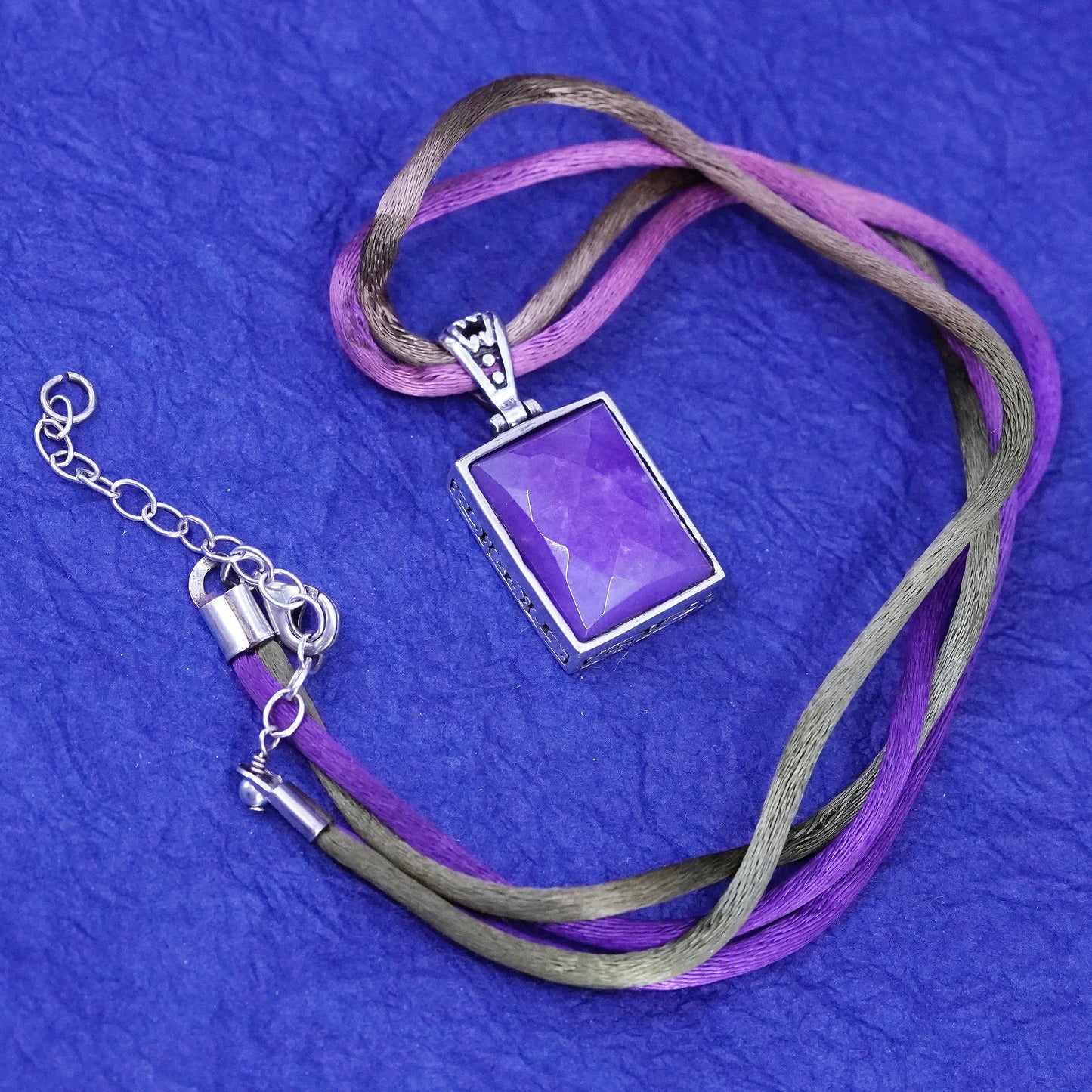 18+2”, Sterling silver 925 handmade necklace, silk chain with amethyst pendant