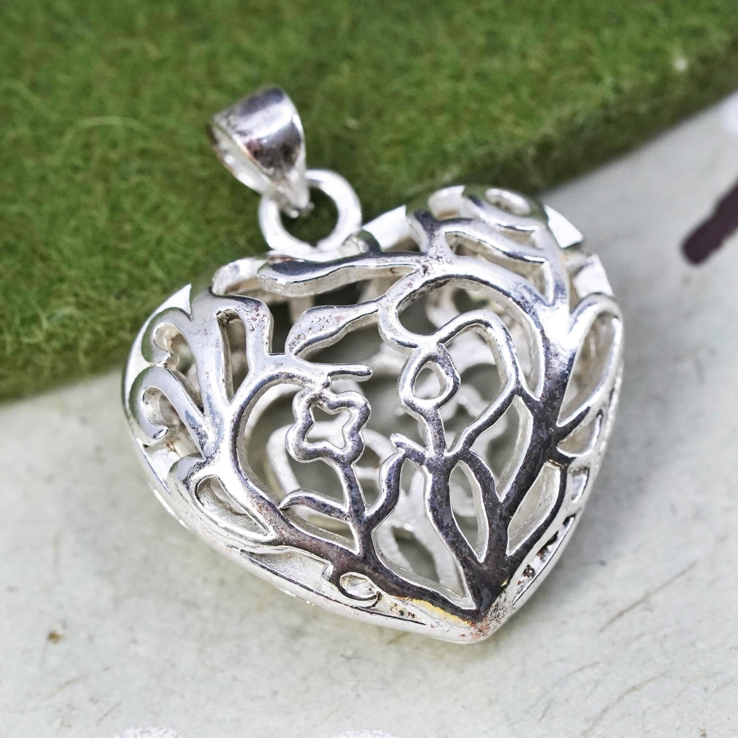 vintage sterling silver handmade pendant, 925 filigree heart