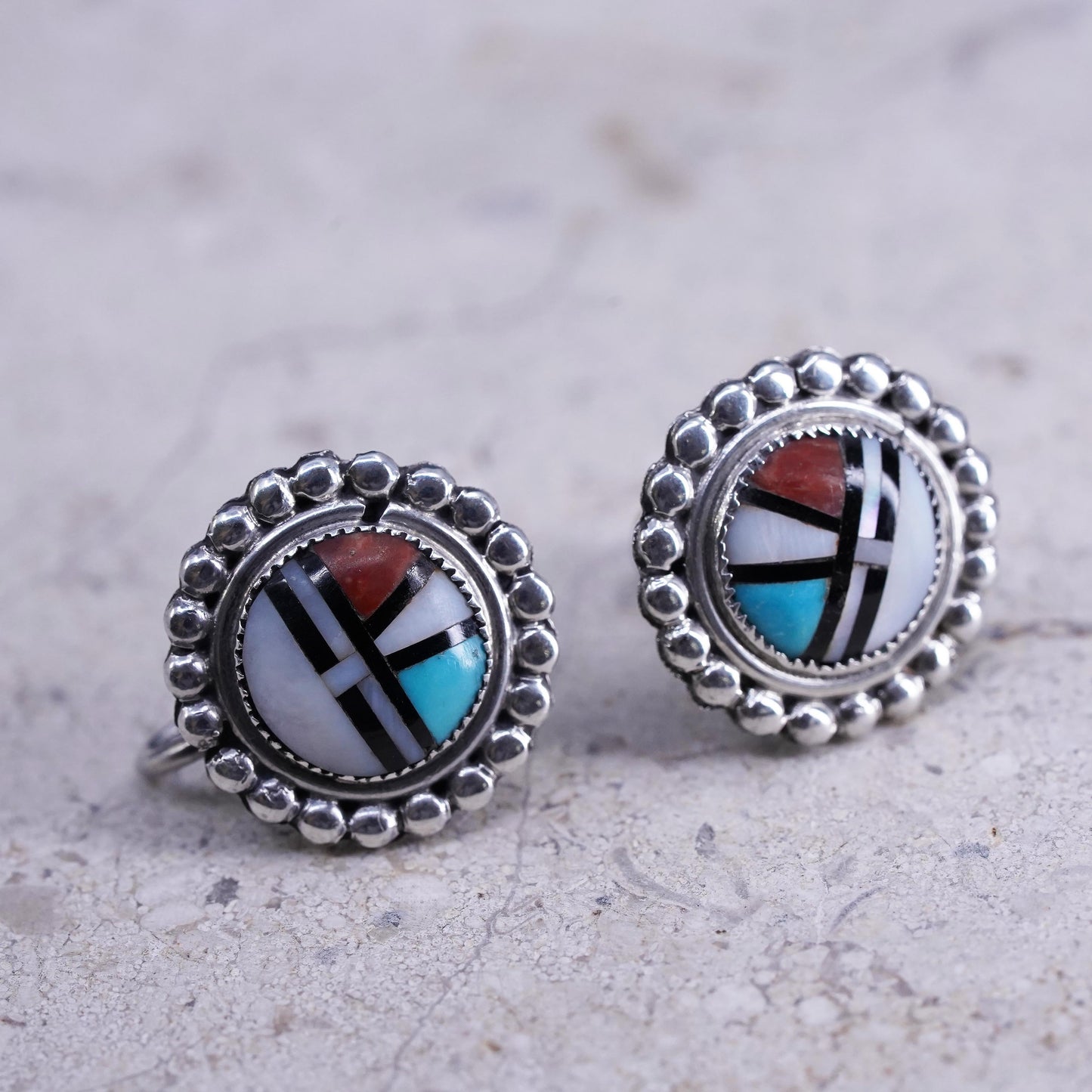 sterling silver earrings, Zuni Sunface 925 screw back mother of pearl turquoise