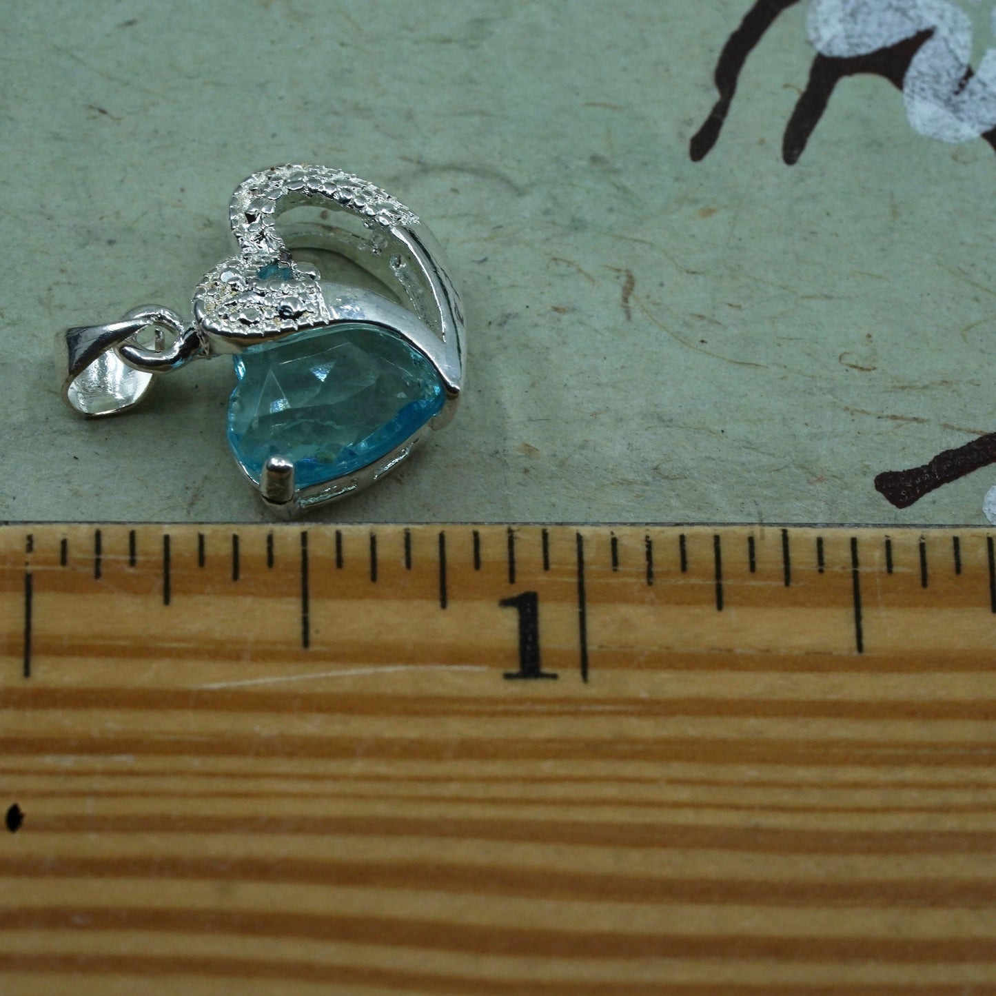 vintage Sterling silver Pendant, 925 double heart w/ blue crystal real diamond