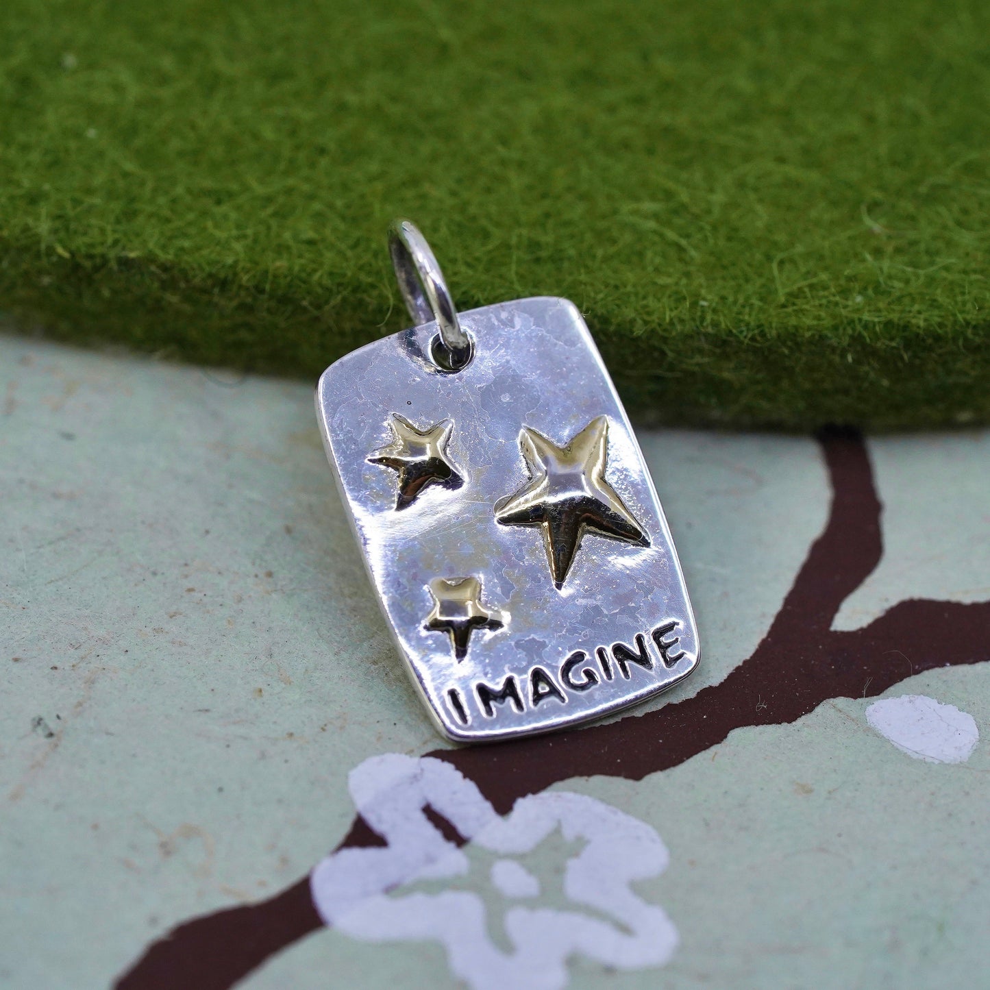 Vintage sterling silver handmade pendant, 925 star tag embossed “imagine”