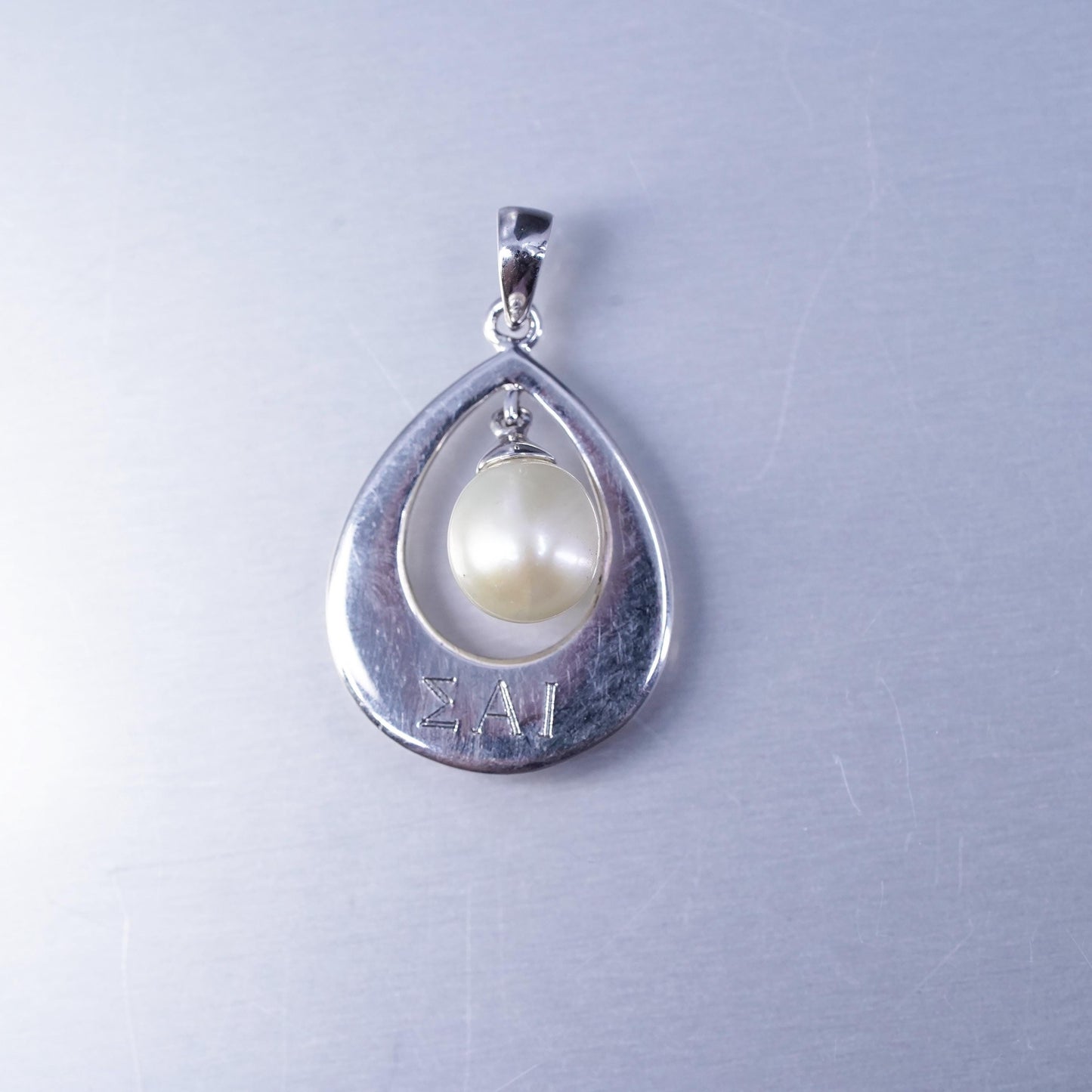 sterling 925 silver teardrop charm pendant with pearl engraved Sigma Alpha Lota