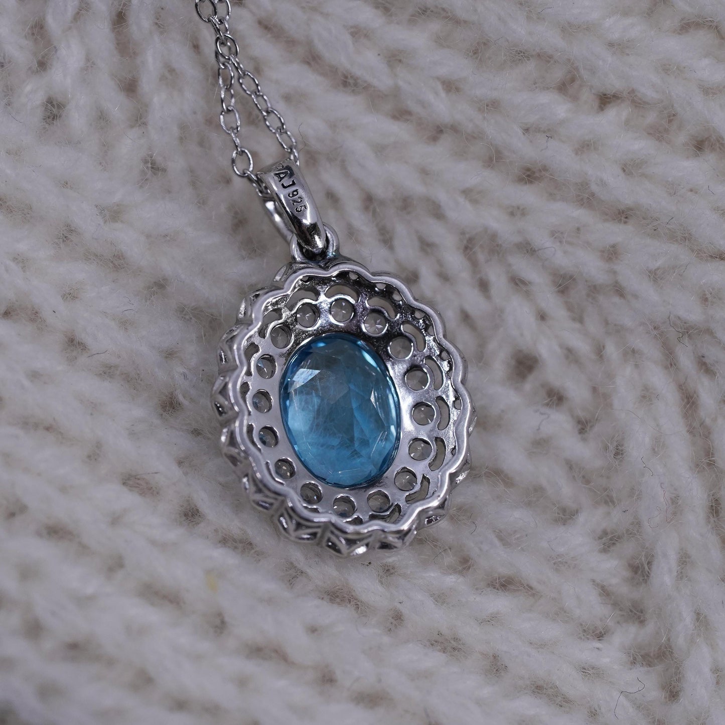 18”, Sterling silver handmade necklace, 925 circle chain w/ blue topaz pendant