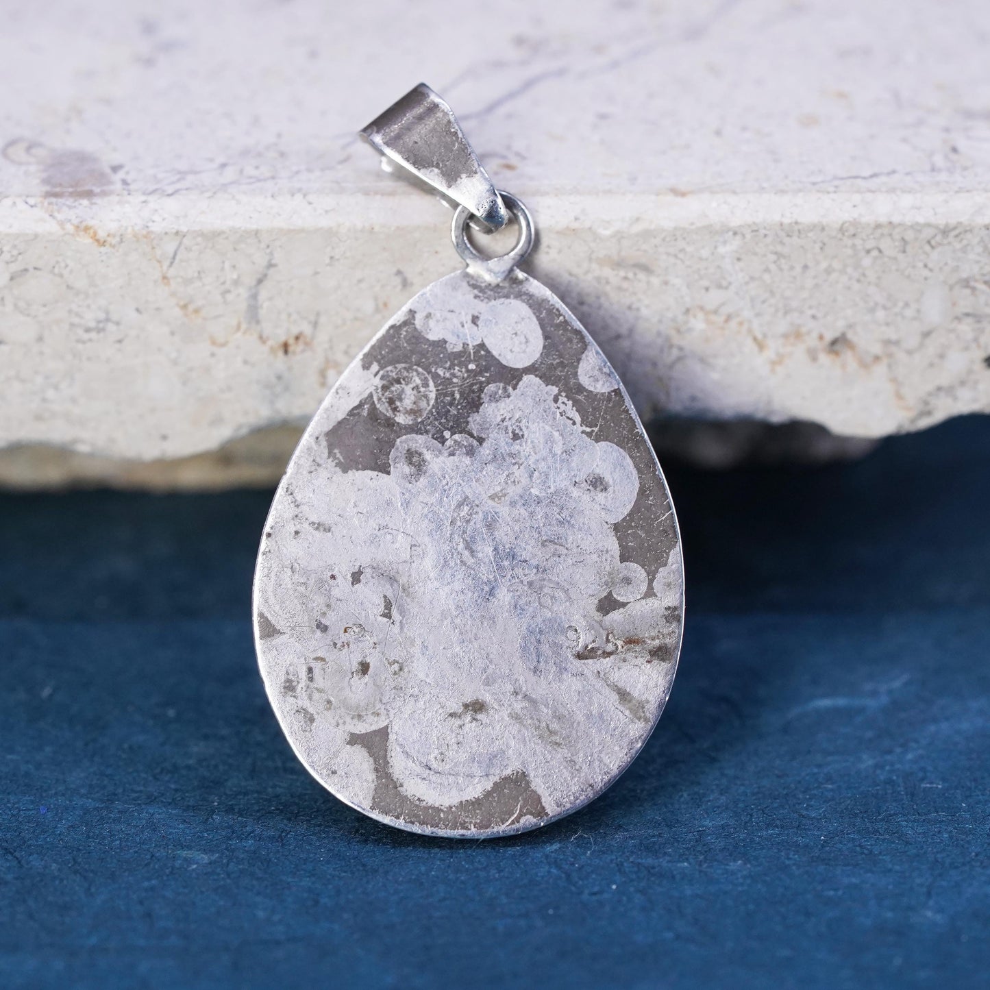 Vintage Sterling Silver Handmade Pendant, oxidized 925 silver teardrop larimar