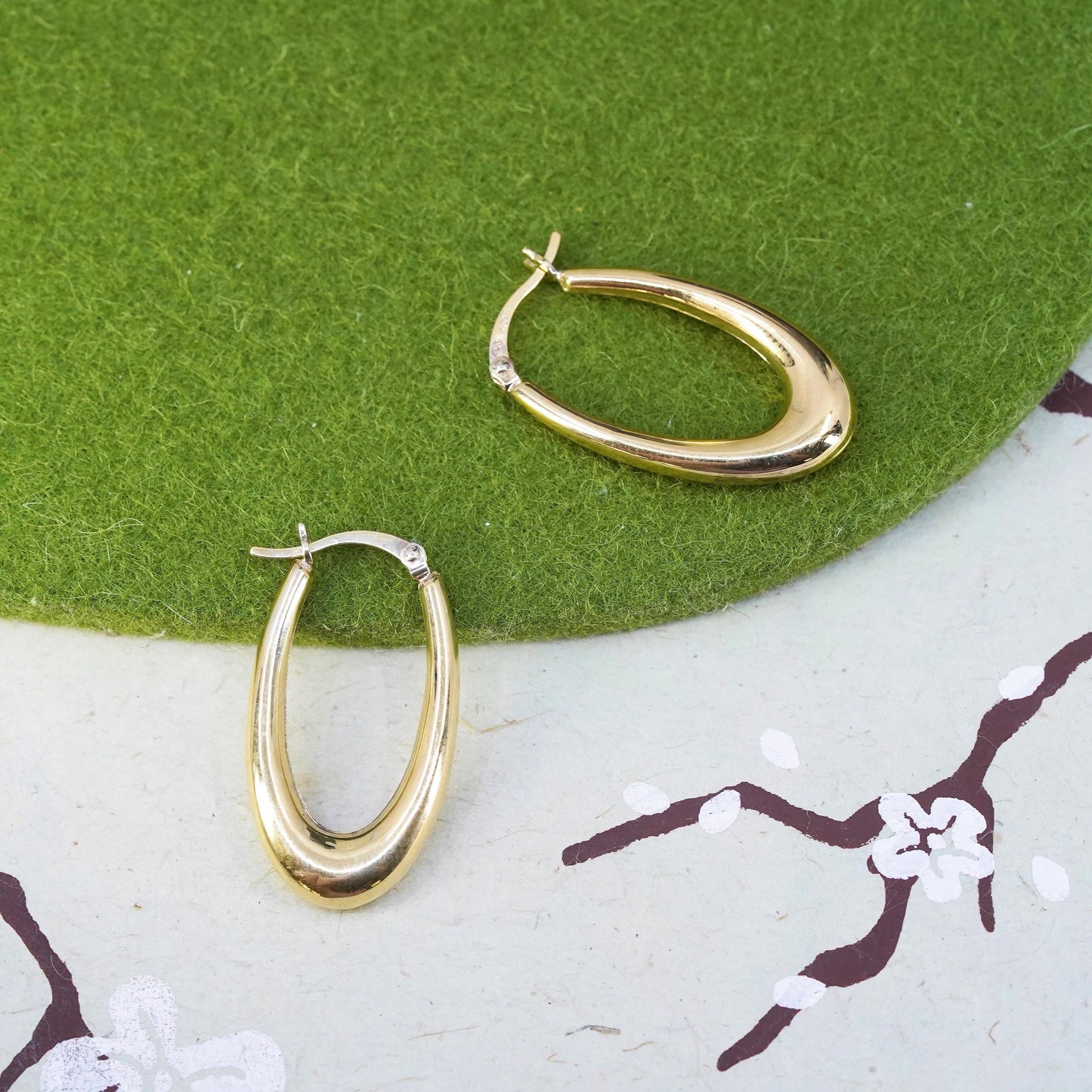 1", Vintage vermeil gold sterling silver earrings, puffy 925 oval hoops