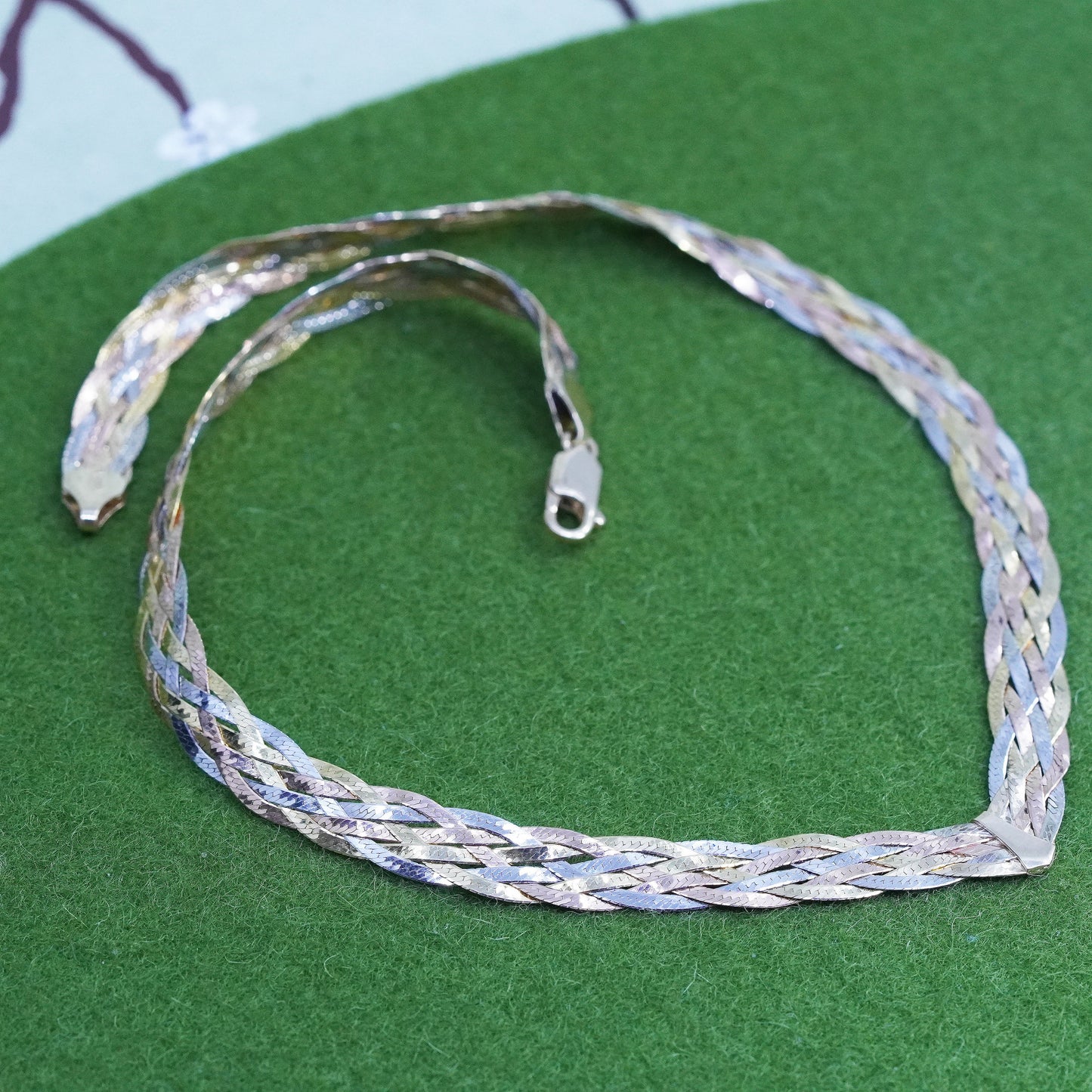 16",, triple tone sterling silver necklace, 925 braided herringbone chain