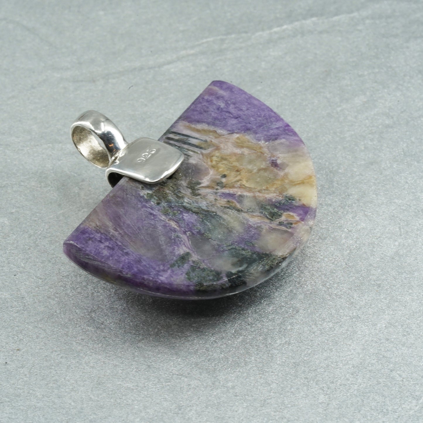 vintage sterling 925 silver handmade half fan pendant with charoite