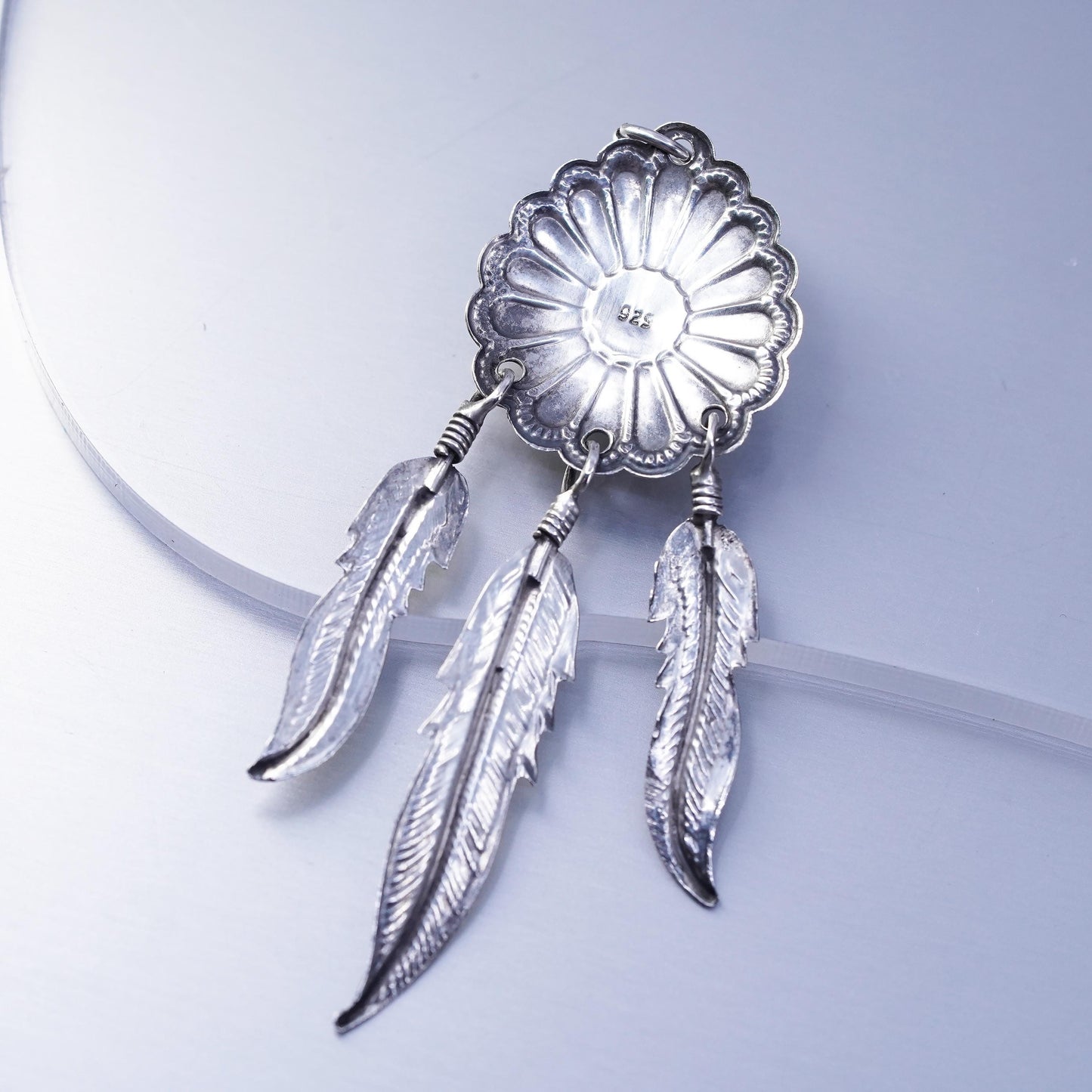 Native American southwestern sterling 925 silver onyx pendant feather dangles