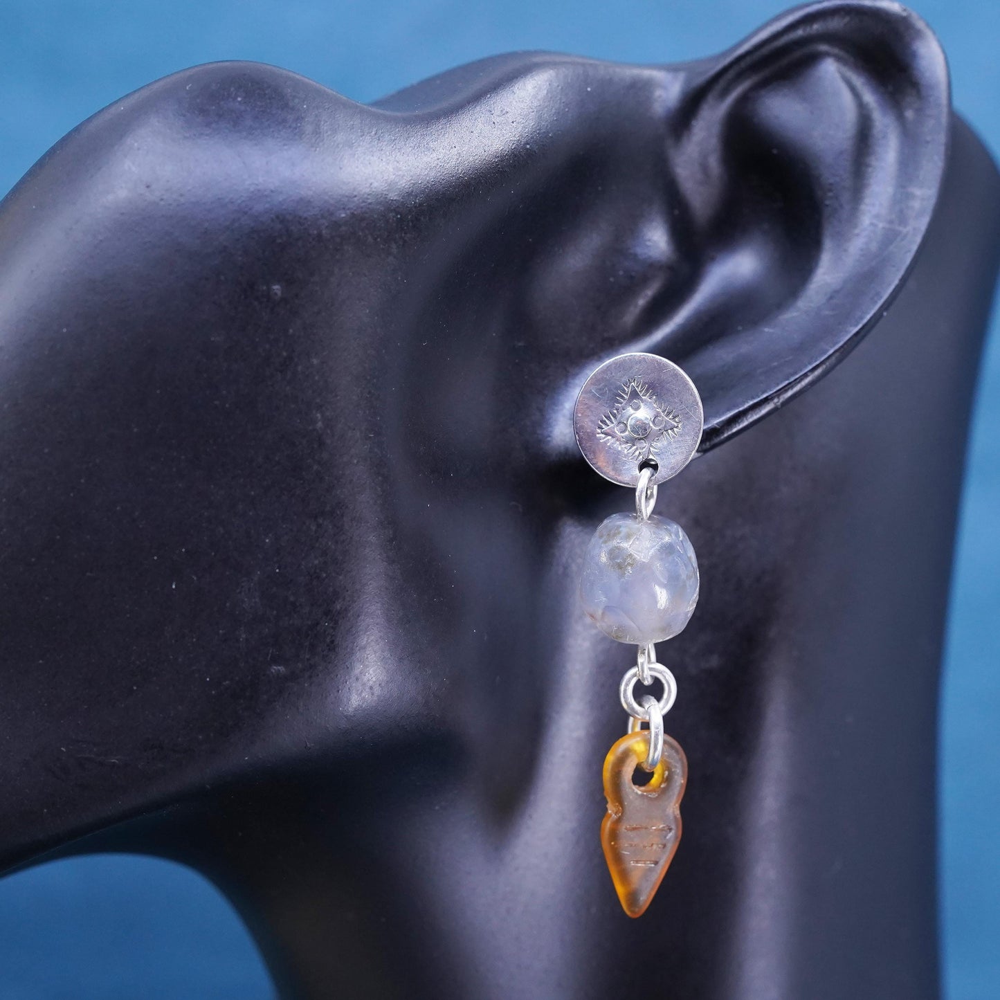 Sterling silver earrings, 925 studs with rutilated quartz amber arrow dangles