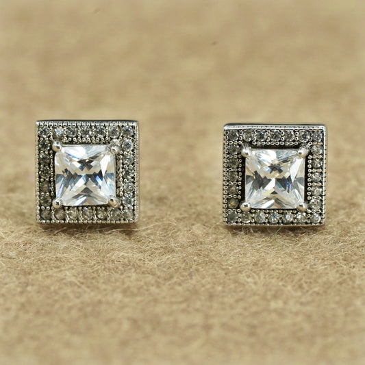 Vintage Sterling 925 silver handmade earrings, square studs with cluster Cz