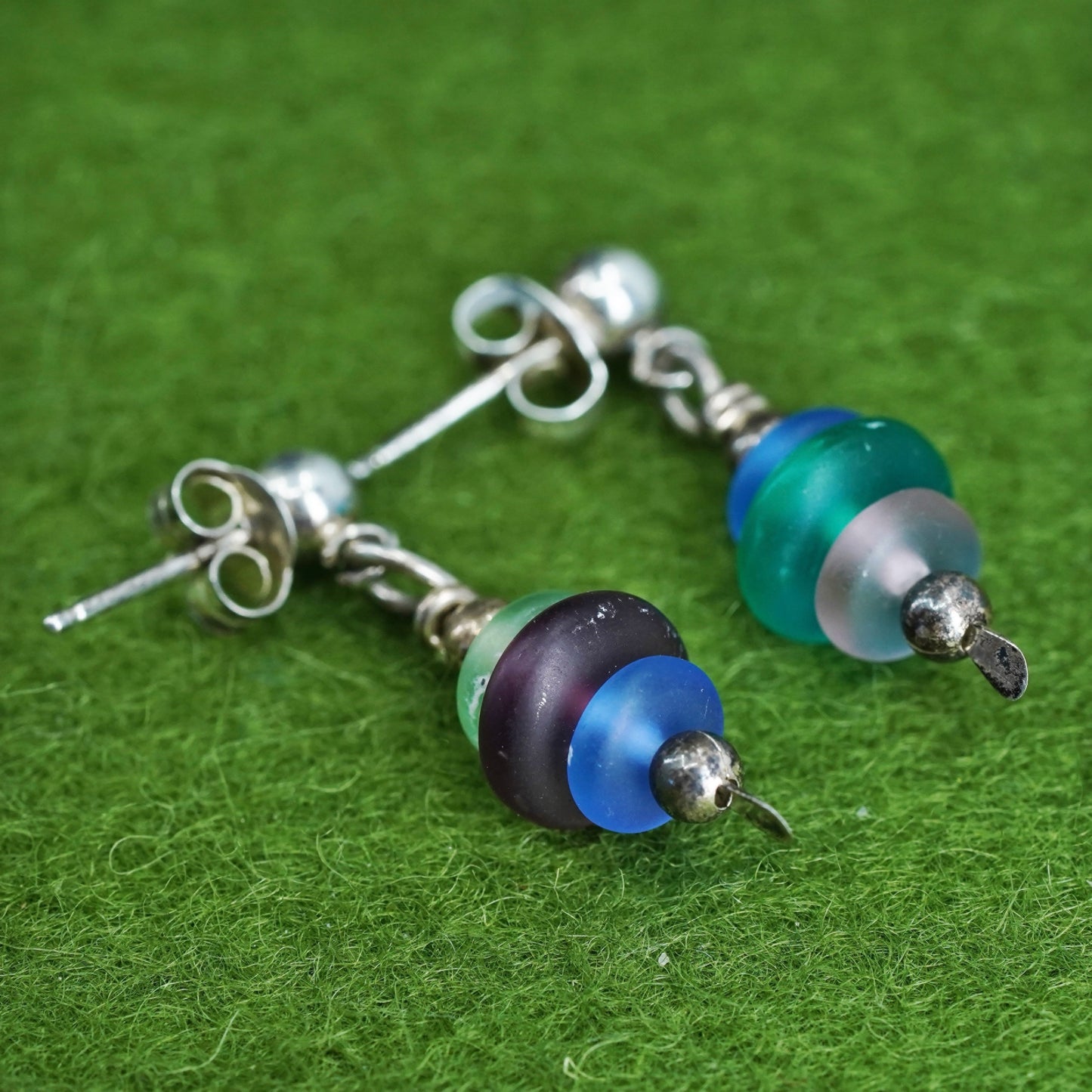 Sterling 925 silver handmade earrings with colorful sea washed glass dangles