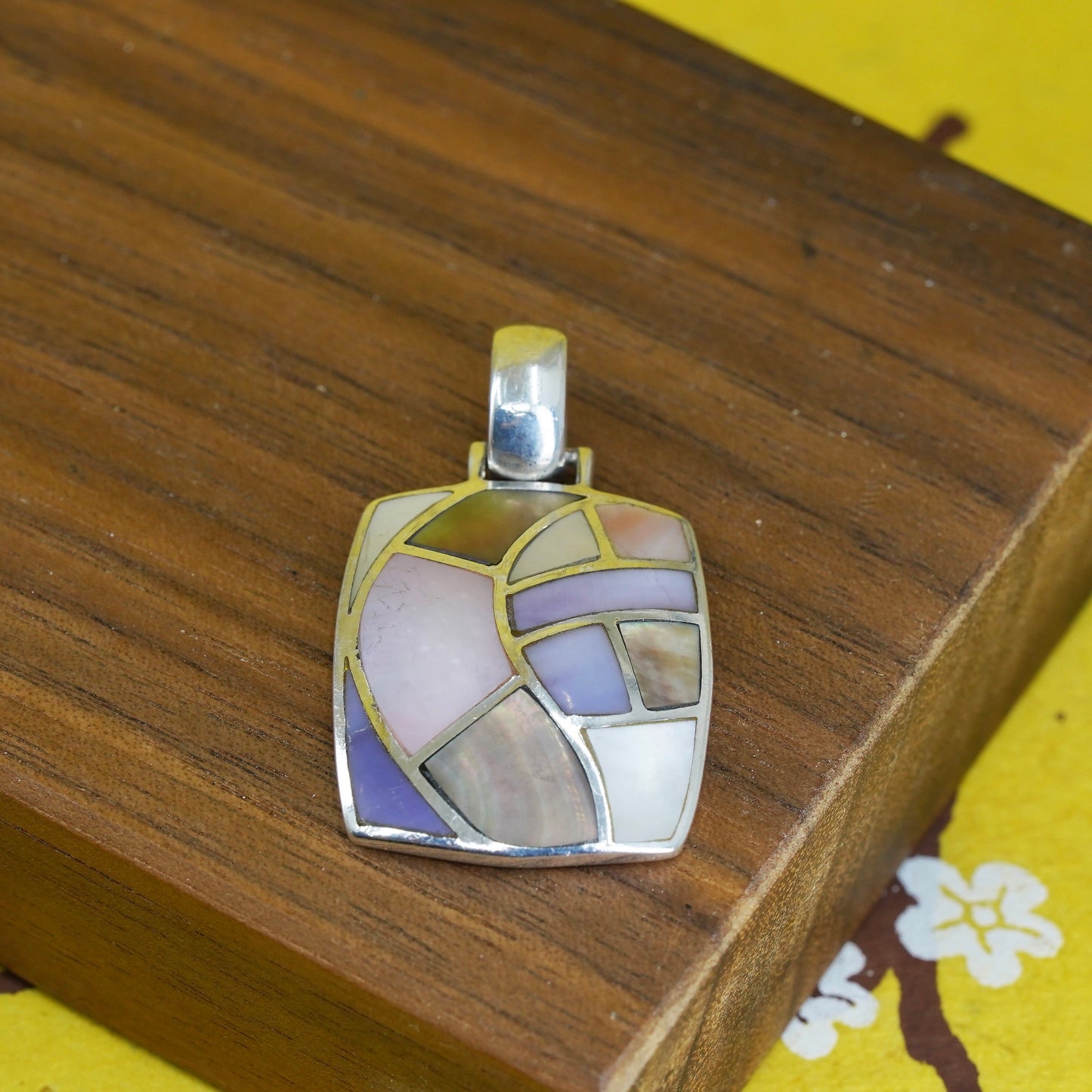 Sterling silver pendant, 925 rectangular with colorful mother of pearl abalone