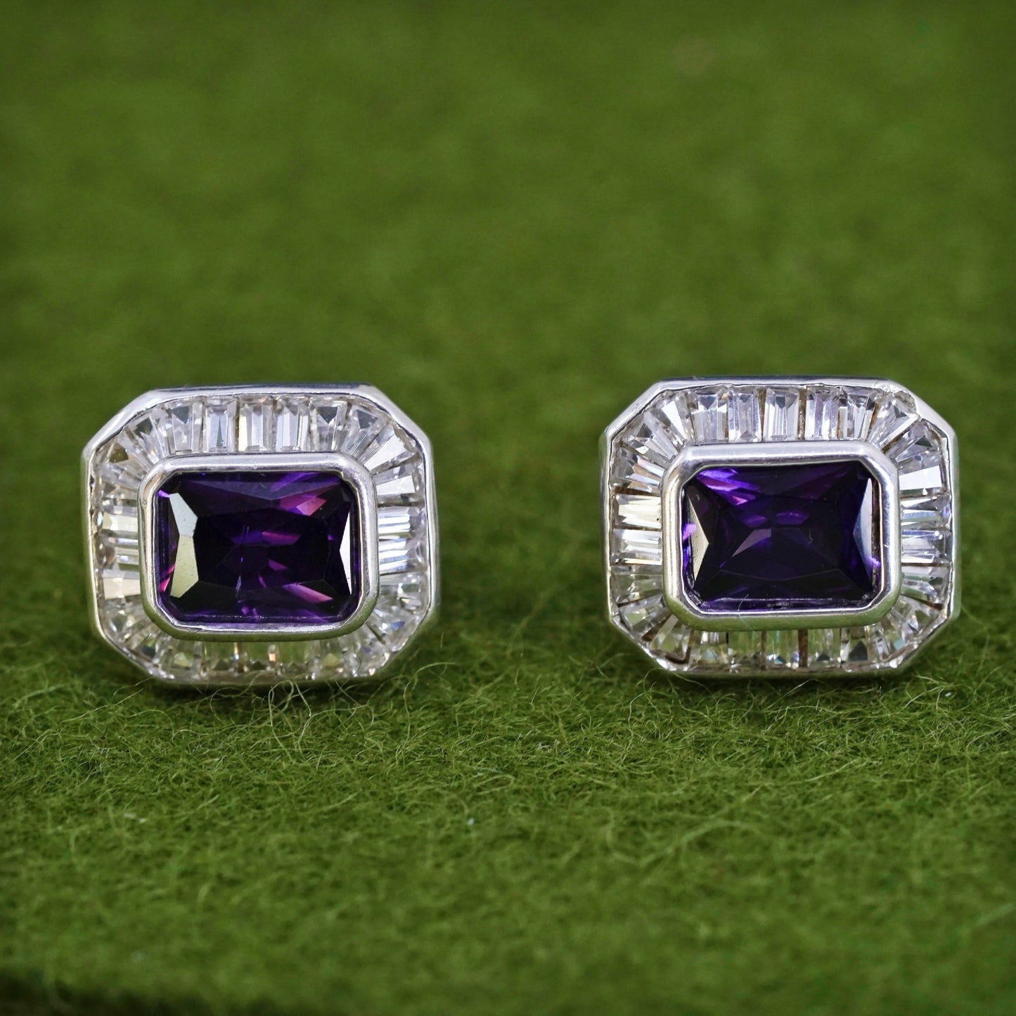 Vintage sterling silver earrings, 925 studs with emerald cut amethyst and cz