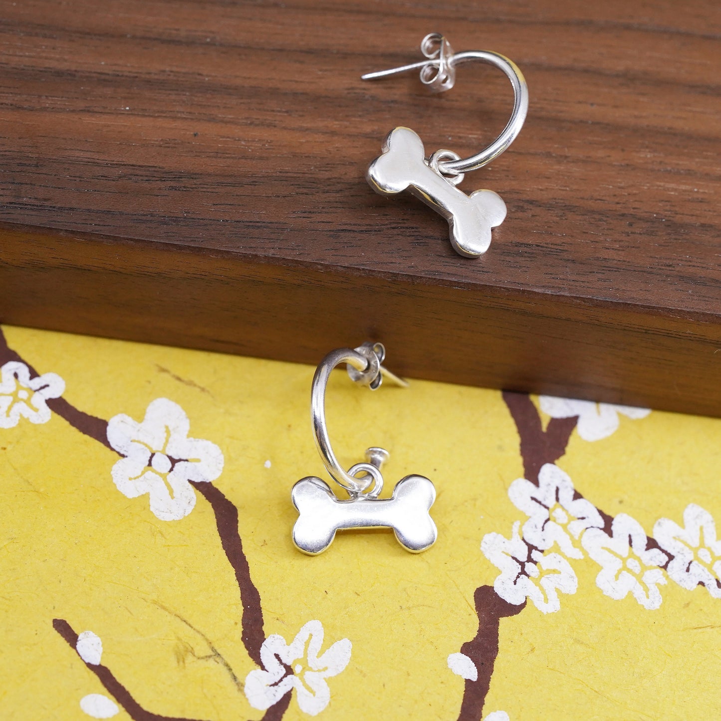 0.5”, Sterling 925 silver handmade earrings, 925 hoops with dog bone charms