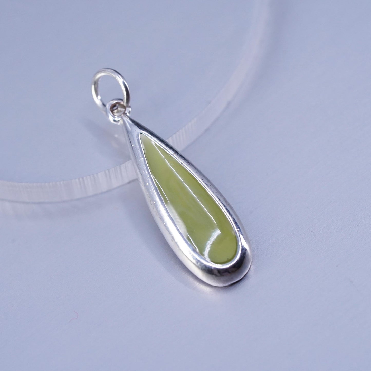 Vintage sterling 925 silver handmade charm pendant with teardrop jade inlay