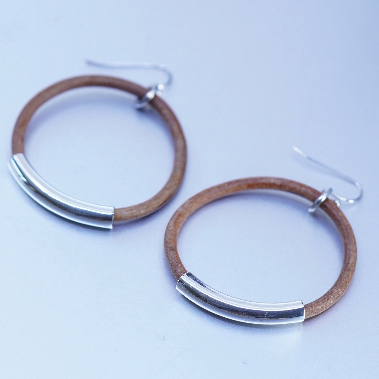 1.75”, Sterling silver handmade earrings, 925 tube with brown leather hoops