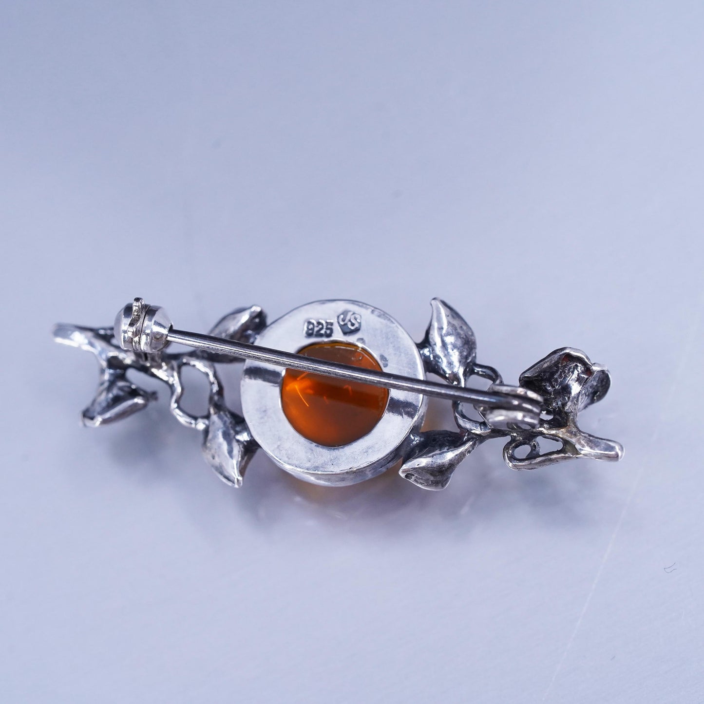 Vintage Sterling 925 silver handmade brooch, leaves vine pin with amber