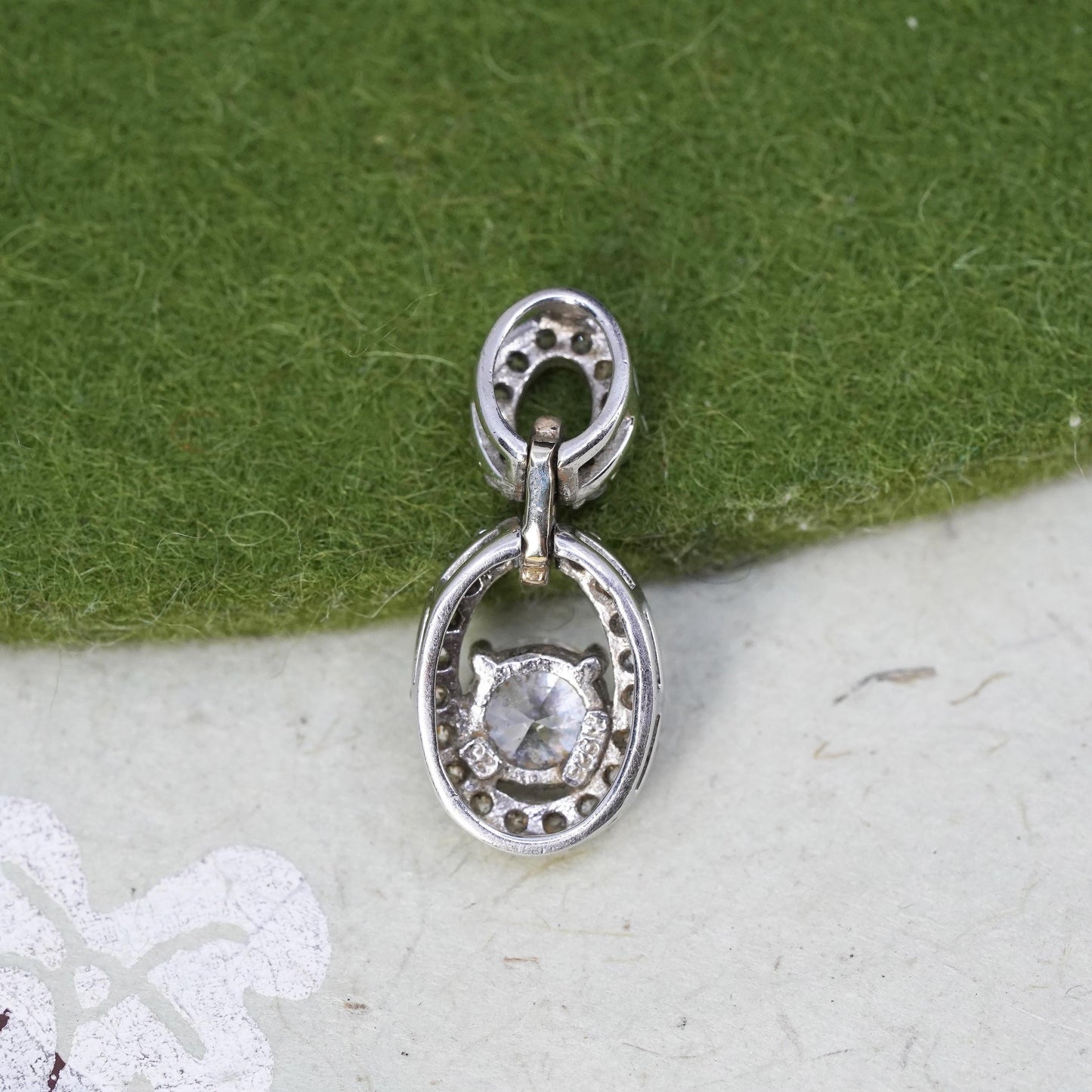 Vintage two tone sterling 925 silver oval pendant with cluster clear Cz around