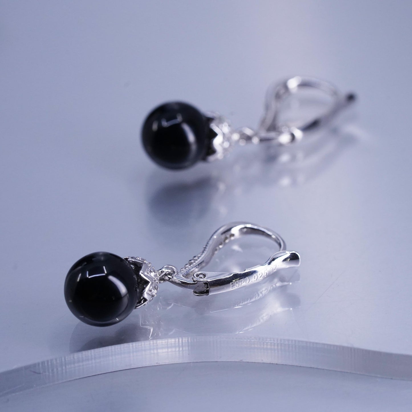 vintage Sterling silver earrings, 925 lever back with onyx beads and cz