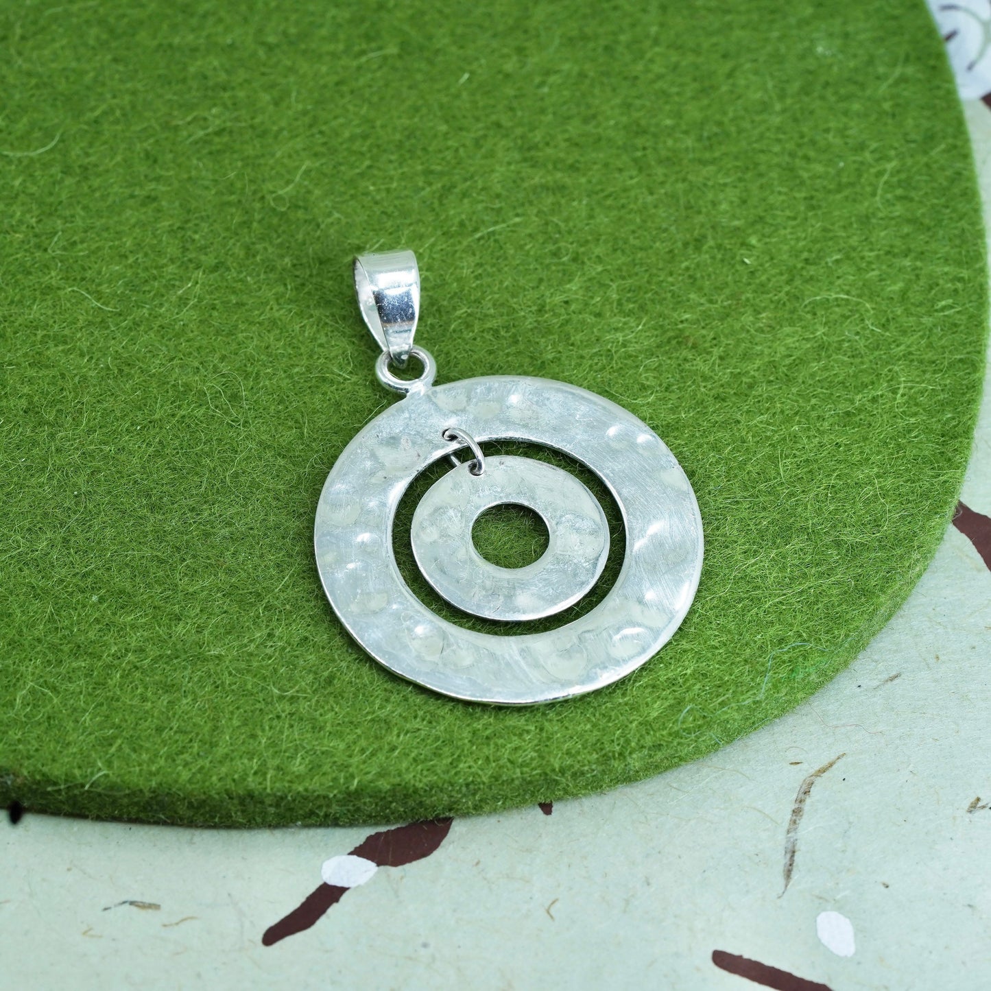 Vintage sterling silver handmade pendant, 925 hammered double circle