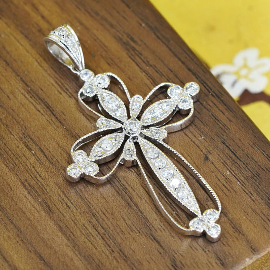 Vintage Sterling silver handmade pendant, 925 filigree cross with Cz inlay