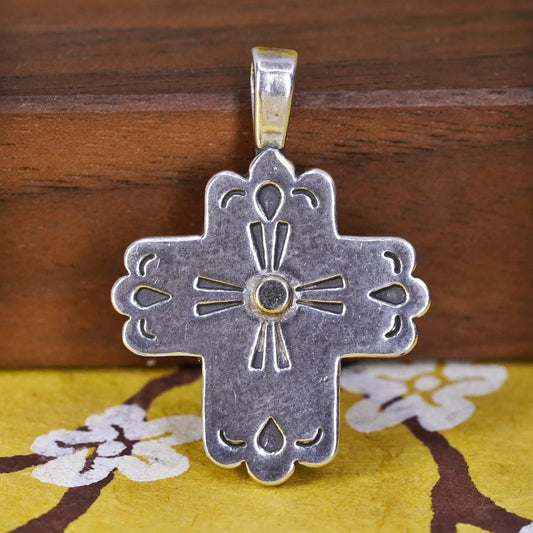 southwestern Sterling silver pendant, modern 925 cross 14K yellow gold dot