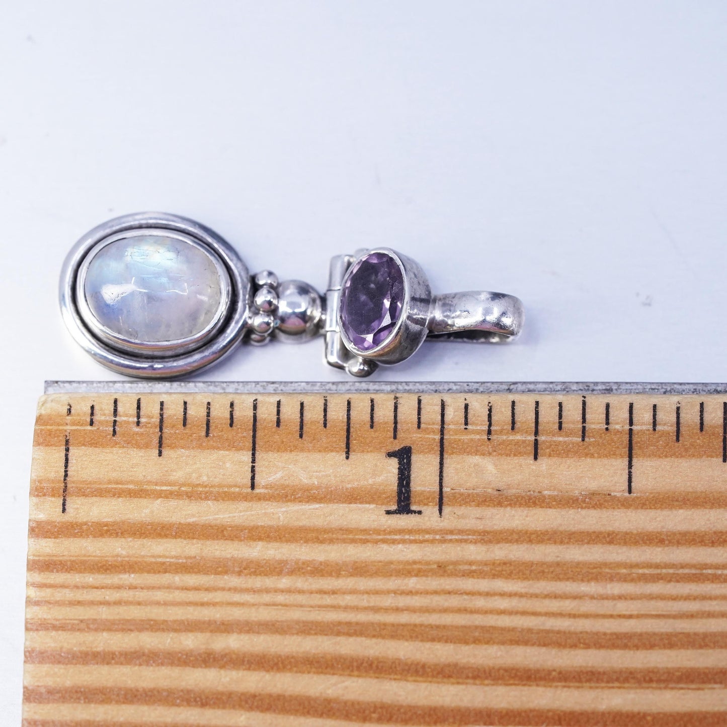 Vintage sterling 925 silver handmade charm pendant with amethyst and moonstone