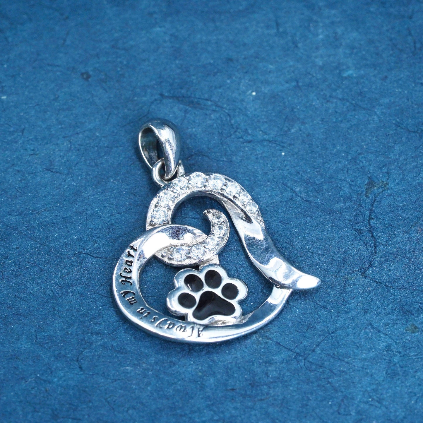 Vintage Sterling silver pendant 925 heart with paw and Cz “always in my heart”