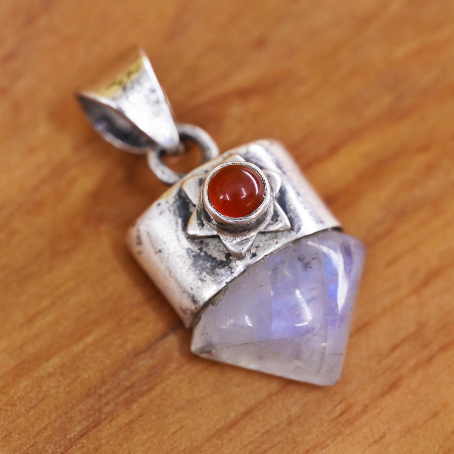 Vintage Sterling 925 Silver Handmade Pendant with moonstone and carnelian