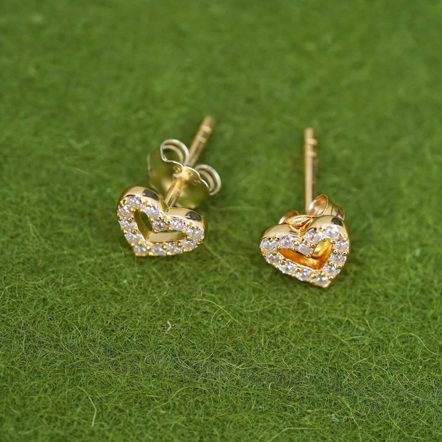 Vintage gold over sterling 925 silver heart cz studs, minimalist earrings