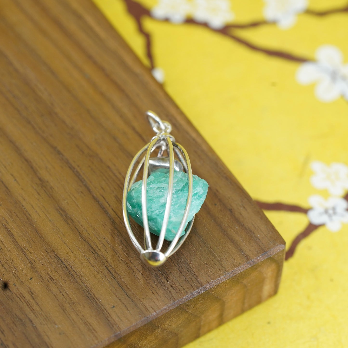 Vintage 925 handmade cage pendant with jade