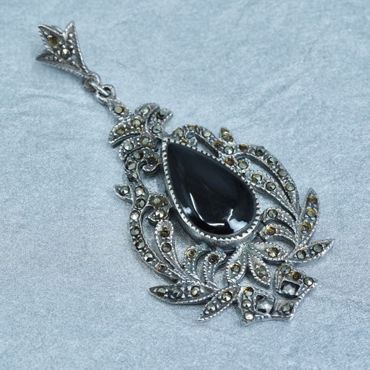 Antique Sterling silver handmade charm, 925 pendant with Marcasite and onyx