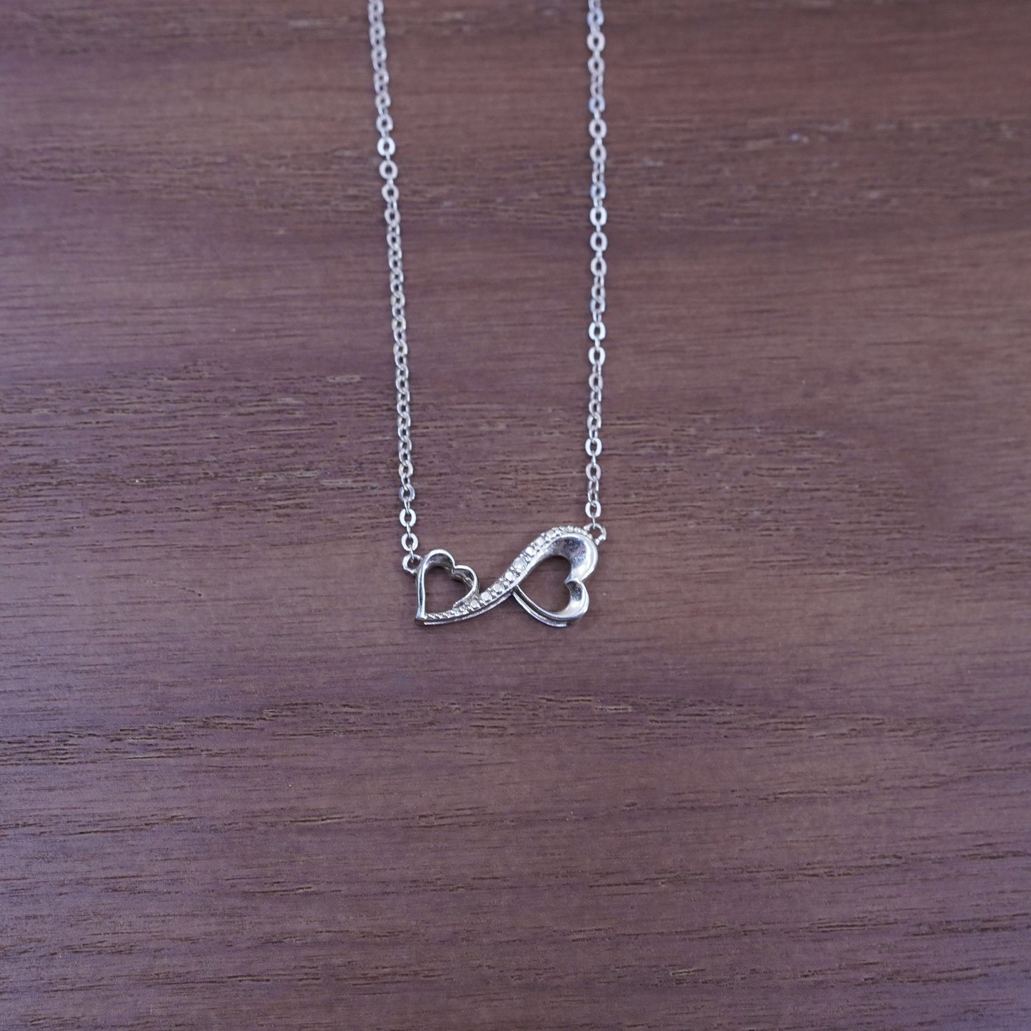 18”,, Sterling silver necklace, 925 circle chain double heart pendant diamond