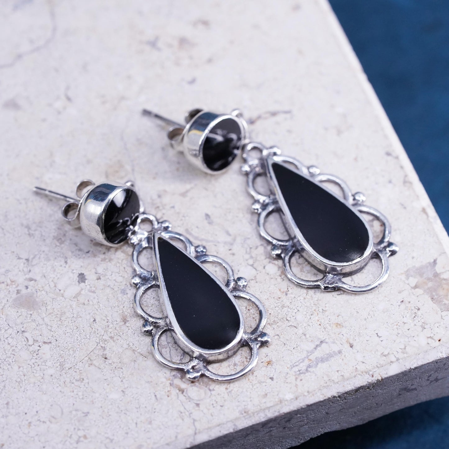 Vintage Sterling Silver 925 handmade earrings with teardrop Black Onyx