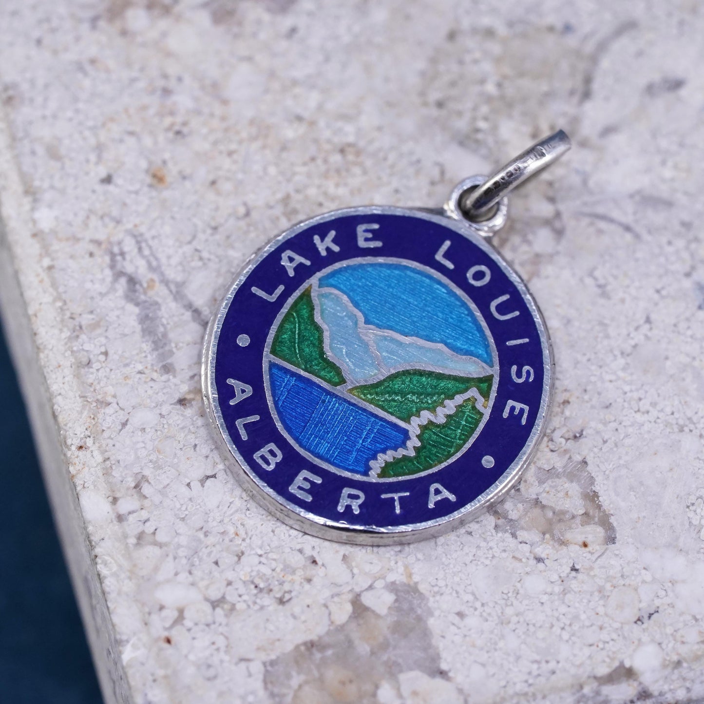 sterling silver 925 world traveler tag charm enamel “ Lake Louise Alberta”