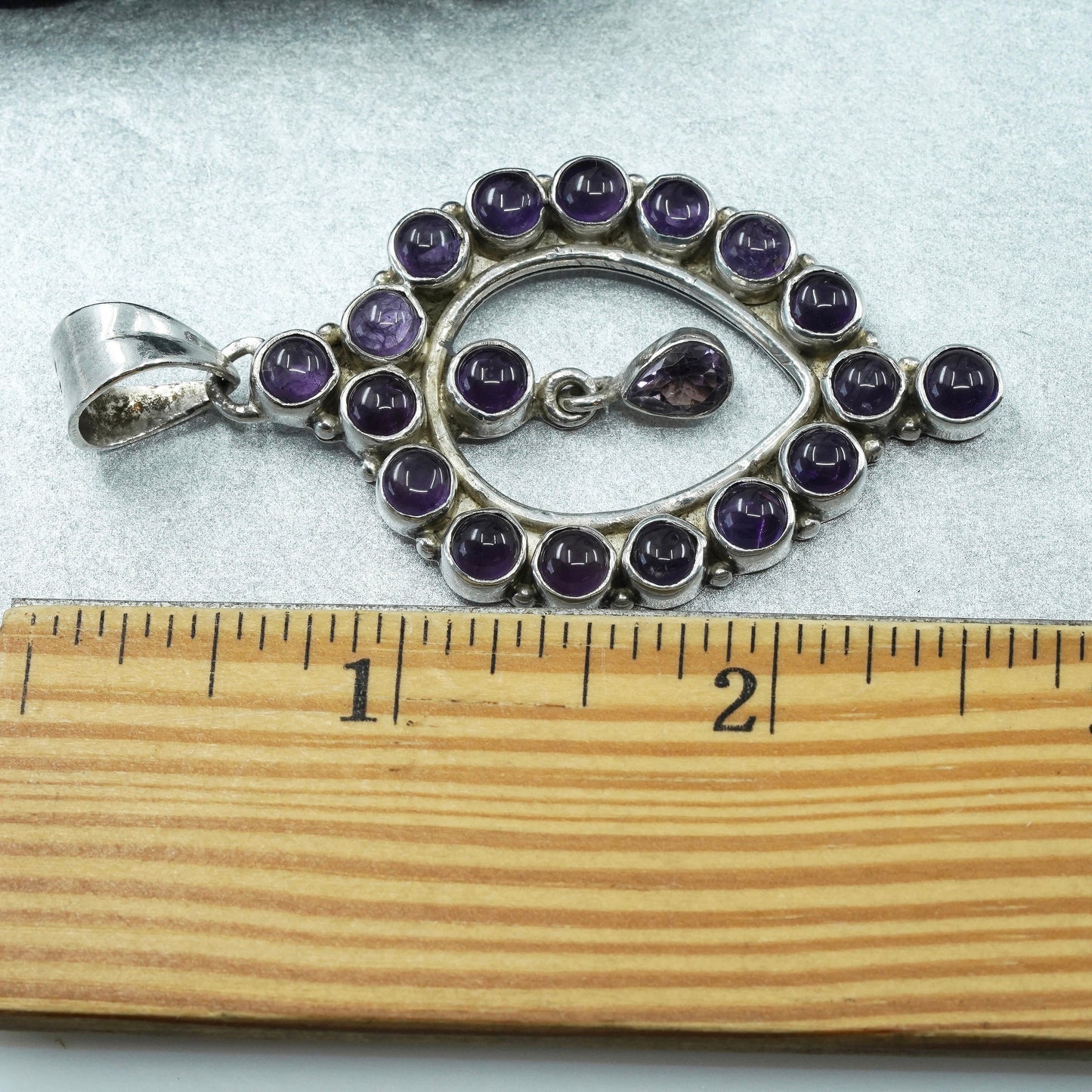 Vintage sterling 925 silver handmade huge teardrop pendant with amethyst