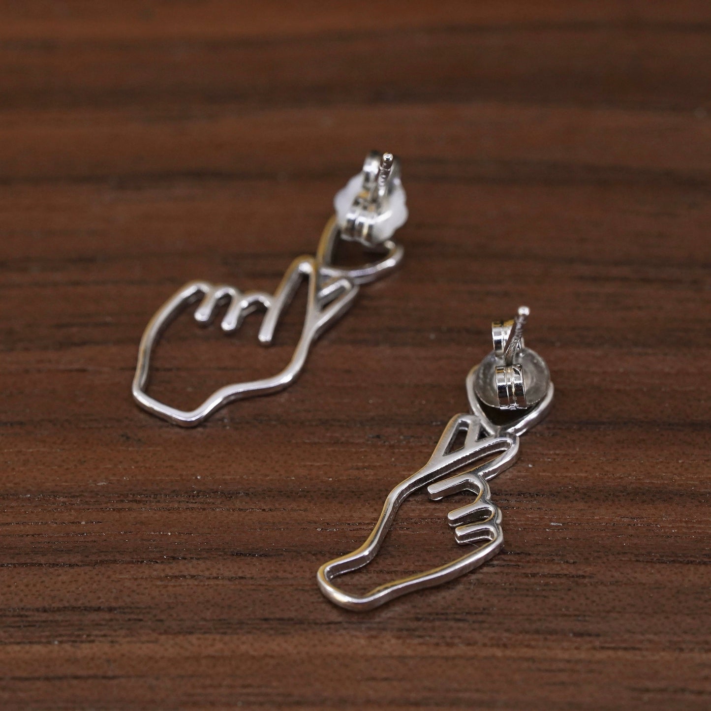 Vintage Sterling silver handmade earrings, 925 heart hand gesture studs