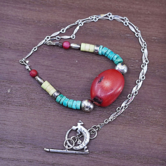 16” Native American heishi sterling silver 925 turquoise necklace coral pendant