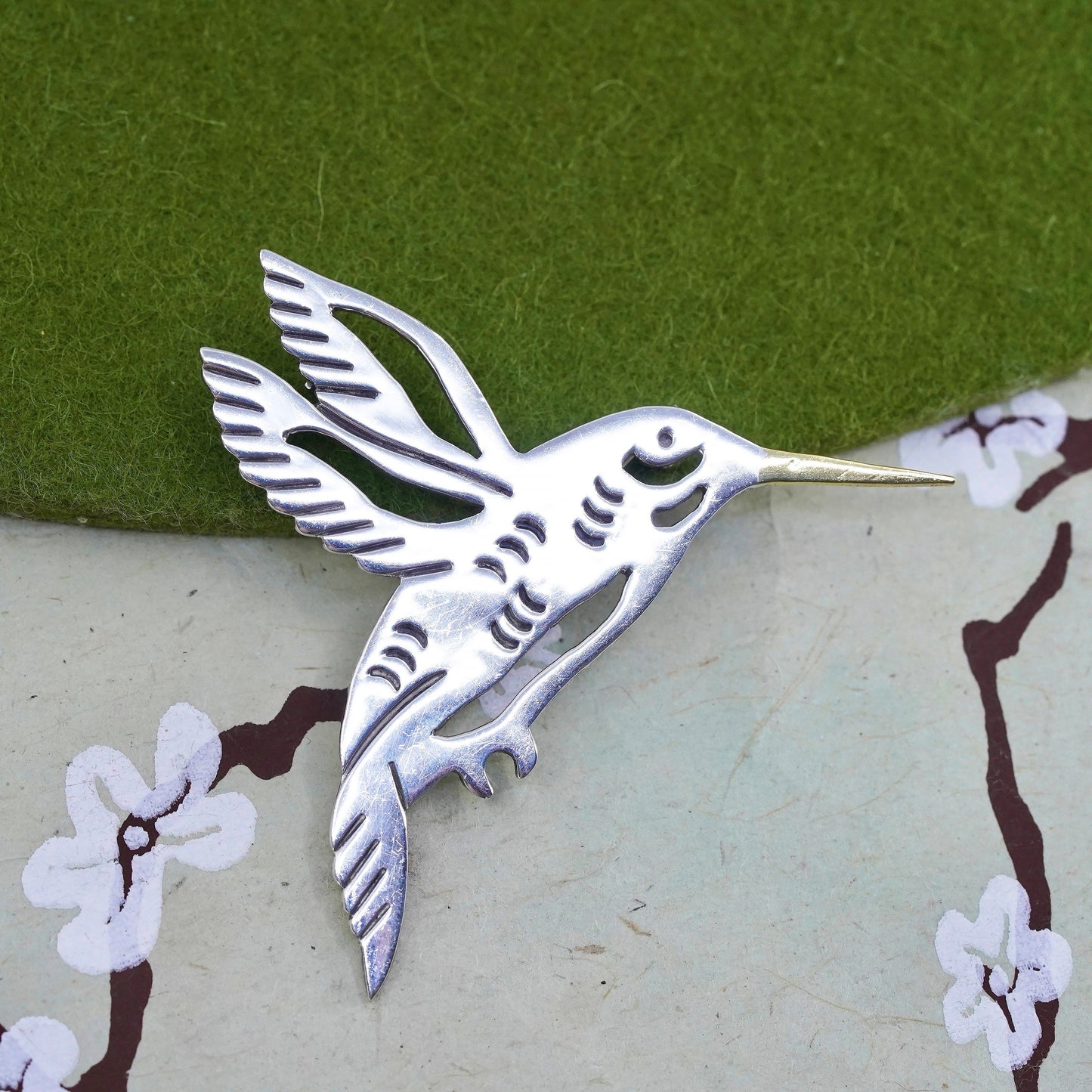 Vintage two tone Sterling silver handmade brooch, 925 hummingbird bird pendant