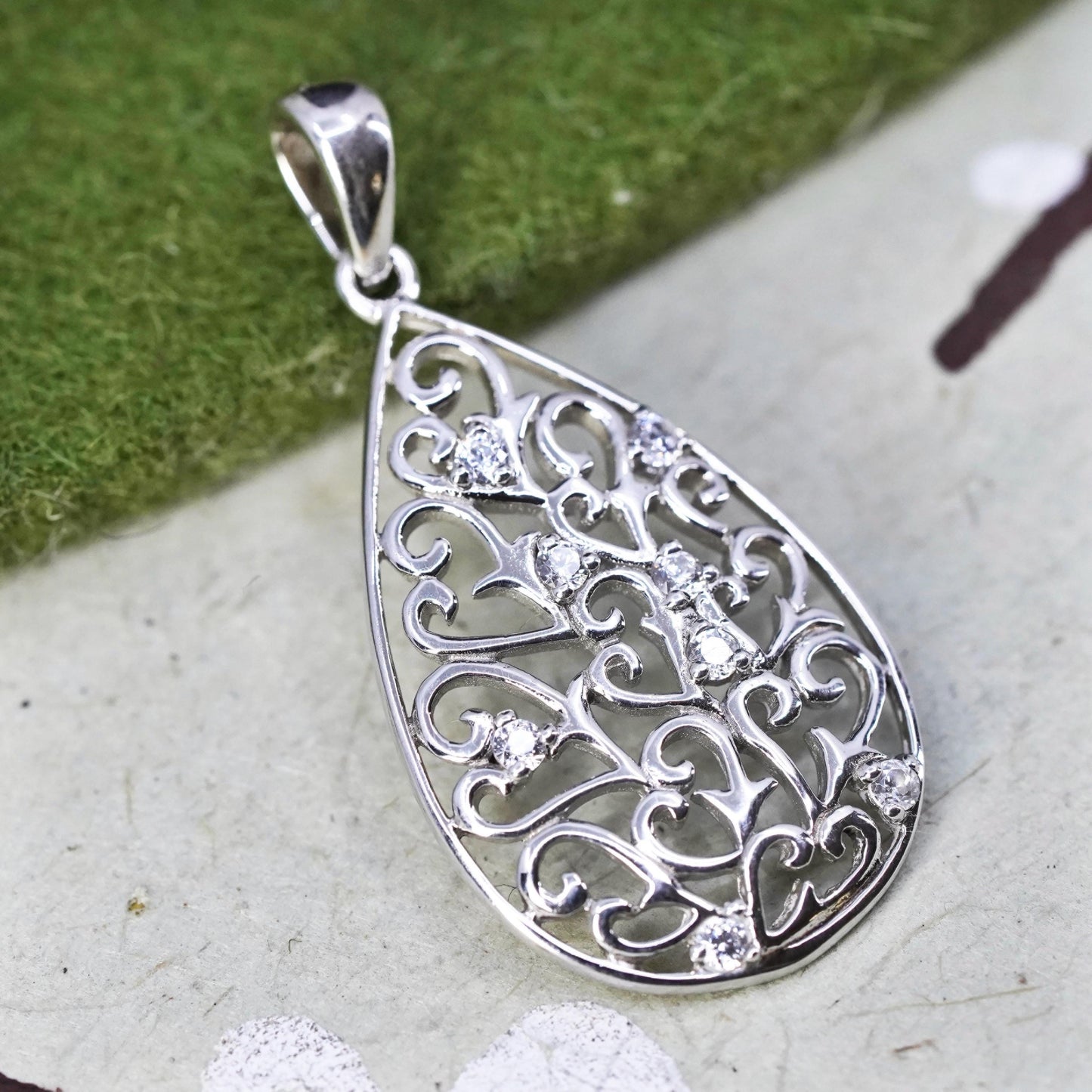 Vintage sterling silver pendant, 925 filigree teardrop with cz