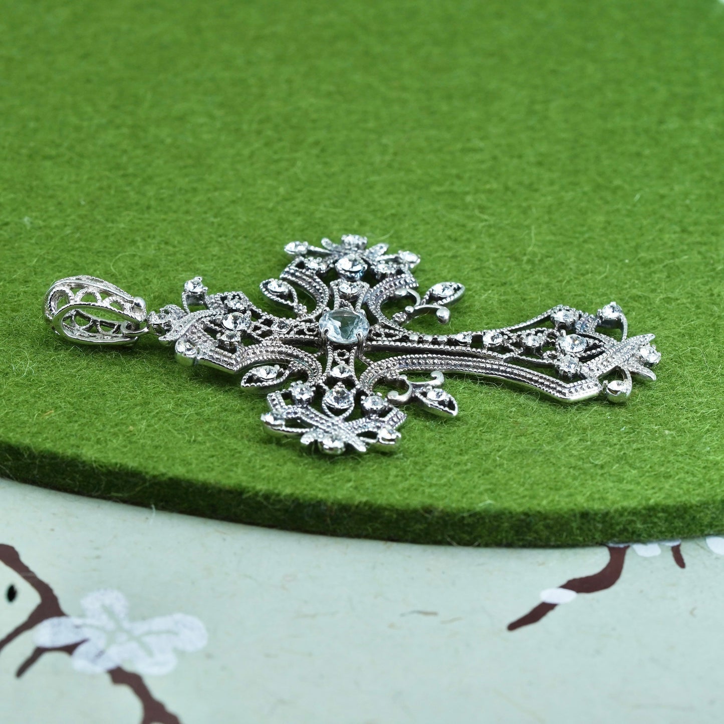 vtg sterling silver pendant, huge 925 filigree cross handmade pendant with Cz